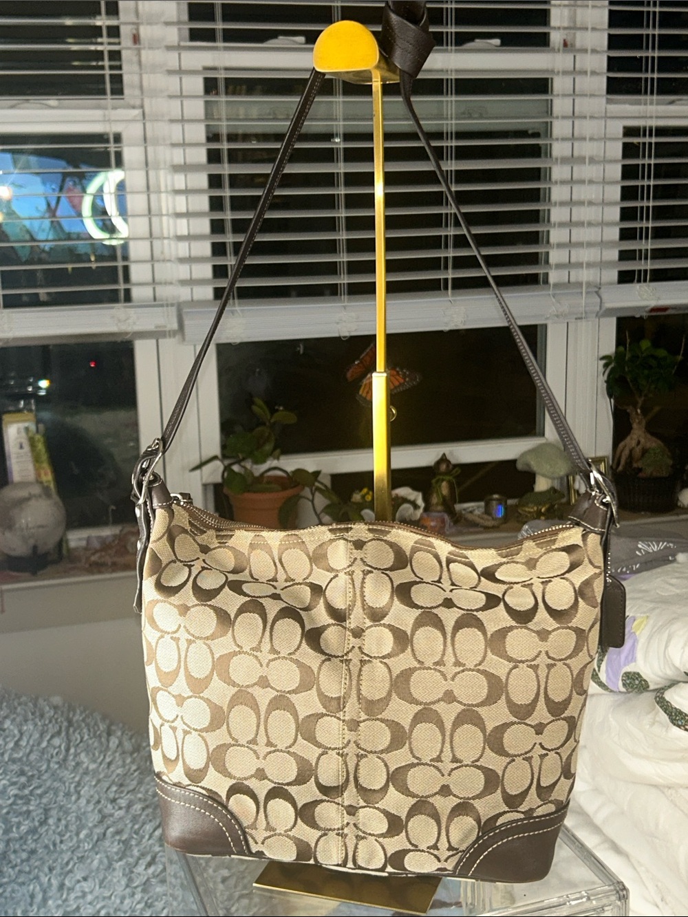 Coach Brown and Khaki Signature Canvas Shoulder Bag 2007 13”x 4.5”x 9.25” EUC